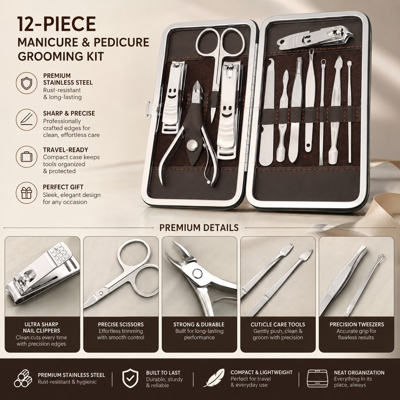 12-Piece Nail Grooming Kit for Manicure and Pedicure – Stainless