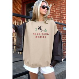 MAPICK Oversized Sweatshirts for Women Vintage Embroidered Hold Your Horse Sweaters Music Festival Cowboys Casual Tops(Light Khaki,Large)