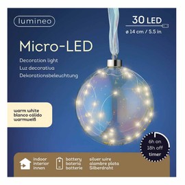 Lumineo 30 Micro-LED Warm White Iridescent Hanging Decoration Light. Size: 5.5 in Diameter, Material: Wire, Glass, Bulb Color: Warm White, Battery Information: 2 AAA (Not Included)