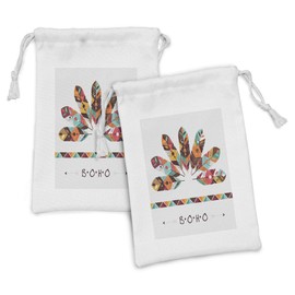 Ambesonne Boho Fabric Pouch Set of 2, Pastel Colored Feathers Native Prehistoric Tribal Cultures Abstract Ornament, Small Drawstring Bag for Toiletries Masks and Favors, 9" x 6", Multicolor