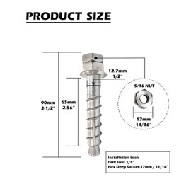 YUCHI 1/2" x 3-1/2" Heavy Duty Anchor, Torque-Activated Expansion Bolt, Wedge Anchor, 304 Stainless Steel Hex Fastener, Strong Hold Screw for Concrete, Industrial & Commercial Use (25 Pack)