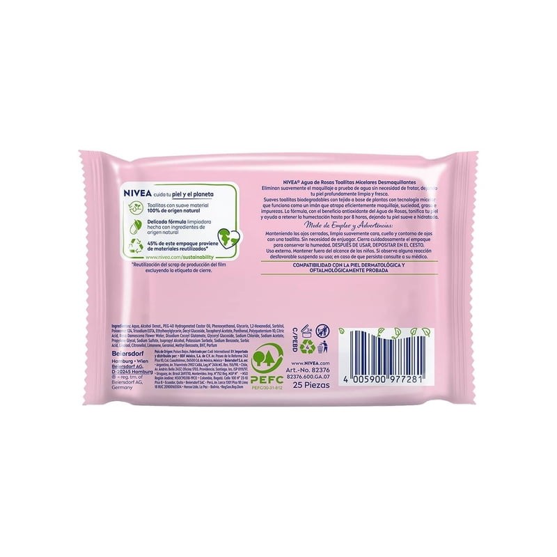 Toallitas desmaquillantes NIVEA micelares con agua de rosas 25 pzas