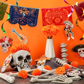 132 Pcs Mexican Dia De Los Muertos Decor Include 100 Pcs Faux Marigold Flower 12 Pcs Dia De Los Muertos Mexican Plastic Banner 20 Pcs Day of the Dead Hanging Swirl Decorations(Orange)