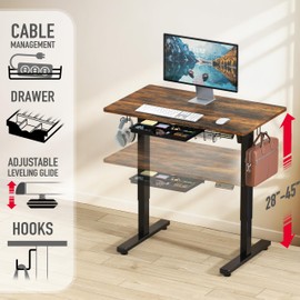 SHW 40-Inch Electric Height Adjustable Standing Desk with Drawer, Memory Preset and Cable Management Tray, Rustic Brown