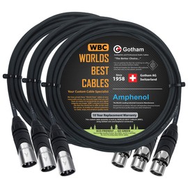 3 Units - 10 Foot - Gotham GAC-4/1 (Black) - Star Quad, Dual Shielded Balanced Male To Female Microphone Cables With Amphenol Silver XLR Connectors
