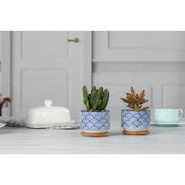T4U 3 Inch Ceramic Succulent Planter Pots with Bamboo Tray Set of 2, Japanese Style Porcelain Handicraft as Gift for Mom Sister Aunt Best for Home Office Restaurant Table Desk Window Sill Decoration
