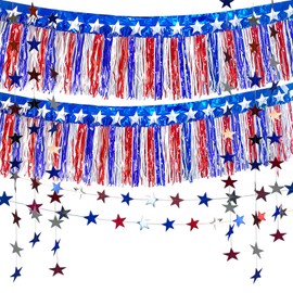 4th of July Patriotic Decorations - 2 Pack 39Feet Tinsel Foil Fringe Garland Streamers & 2 Pack Star Streamers Garlands, Red White Blue Patriotic Metallic Banner American Flag Banner for Parade Floats