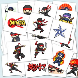 Ninja Warrior Theme Temporary Tattoos for Kids, Cartoon Characters, Japanese Style Design, 30 Pack Multiple Designs Individually Cut Ideal for Kids aged 3-10 Party Favors Bday Gifts (MADE IN USA)