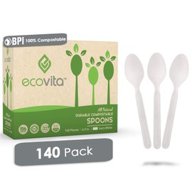 100% Compostable Spoons - 140 Large Disposable Utensils (6.3 in.) Eco Friendly Durable and Heat Resistant Alternative to Plastic Spoons with Convenient Tray by Ecovita