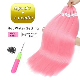 Pre Stretched Braiding Hair Pink Braiding Hair Extensions for Braids 26 Inch 6 Packs Yaki Textured Crochet Synthetic Hair Hot Water Setting Crochet Extensions (26 Inches, Pink#)