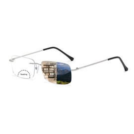 KISSOUL Rimless Bifocal Reading Glasses Transition Photochromic Sunglasses Blue Light Blocking Titanium Readers Man Woman UV