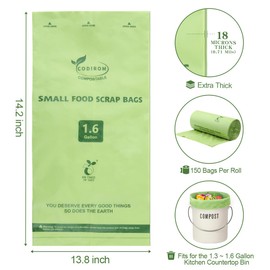 100% Compostable 1.6 Gallon Trash Bags, 6 Liter, 150 Count Kitchen Food Scrap Small Compost Bags for Countertop Bin with Europe EN13432 Certified