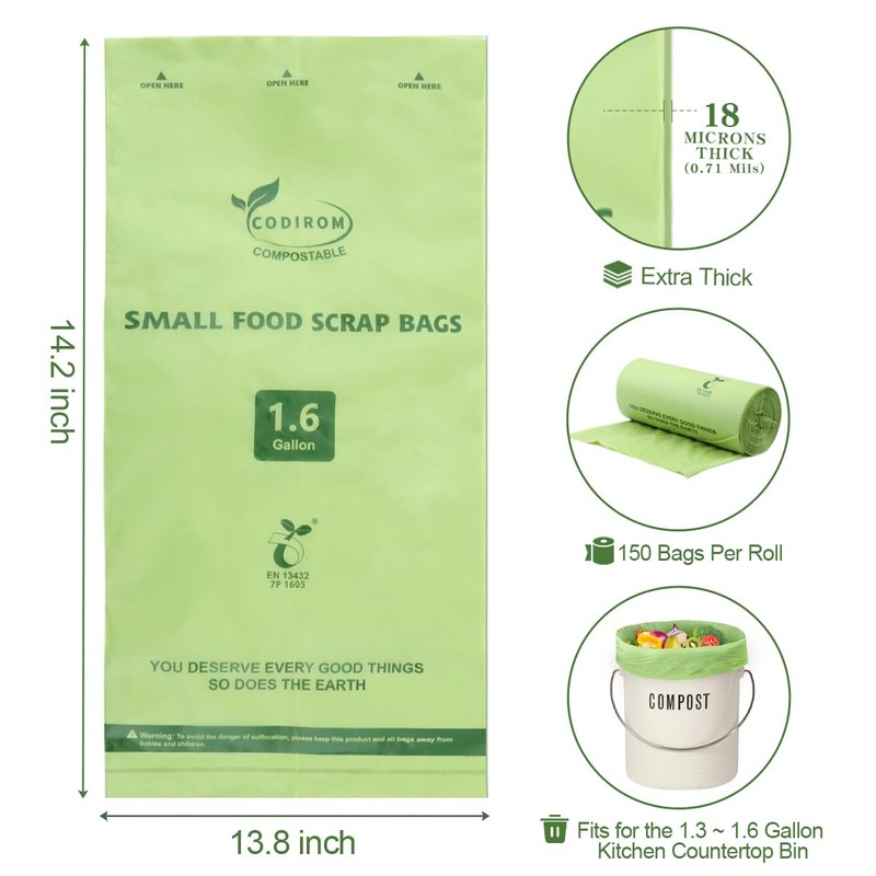 100% Compostable 1.6 Gallon Trash Bags, 6 Liter, 150 Count