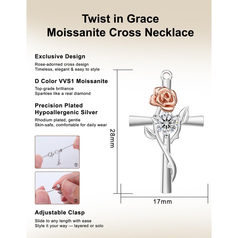 KRKC&CO Moissanite Rose Cross Necklace, 925 Silver, Romantic Gift for