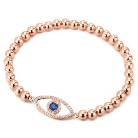 COOLSTEELANDBEYOND Rose Gold Protection Evil Eye Beads Women Bracelet with Blue White Cubic Zirconia(CA)