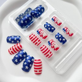 4th of July Press on Nails Medium Square Fake Nails Patriotic Glue on Nails with Star Stripe Designs Red Blue Acrylic Nails Independence Day False Nails Glossy Full Cover Stick on Nails for Women