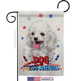 Breeze Decor Patriotic White Poodle Garden Flag Set with Stand Animals Dog Puppy Spoiled Paw Canine Fur Pet Nature Farm Animal Creature Small Decorative Gift Yard House Banner Made in USA 13 X 18.5