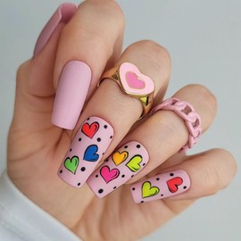 SINHOT Heart Press on Nails Medium Square Fake Nails Matte Glue on Nails Squoval Nails Polka Dot Acrylic Nails Valentines Day Arificial Nails Colorful Nails Stick on False Nails with Design 24 pcs