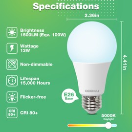 DEGNJU A19 LED Light Bulbs, 100 Watt Equivalent, 5000K LED Bulbs, 1500 Lumens, E26 Standard Base, Non-Dimmable, 13W Bright White LED Bulbs for Bedroom Living Room Home Office, 12 Pack