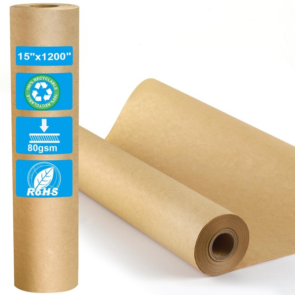 GLAMFIELDS Brown Wrapping Paper, Craft Paper 15" x 1,200" (100ft), Kraft Paper Roll for Gift Packing, Moving, Shipping, Postal, Art Crafts, Floor Covering, Bulletin Boards, Table Runner