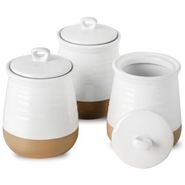 Ceramic Food Storage Jars,25 Oz Porcelain Kitchen Canisters with Airtight Lids Set of 3,Flour Containers for Countertop,Farmhouse Decor Serving Ground Coffee,Tea,Sugar,Pasta and Rice,White＆Yellow