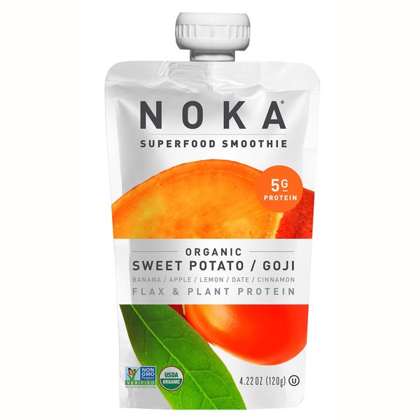 NOKA Superfood Pouches (Sweet Potato Goji) 6 Pack | 100% Organic Fruit And Veggie Smoothie Squeeze Packs | Non GMO, Gluten Free, Vegan, 5g Plant Protein | 4.2oz Each