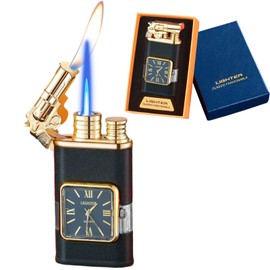 Torch Lighter, Magic Dual Flame Lighter with Portable Size, Windproof Lighter with Visible Fuel Tank, Adjustable Flame Refillable Butane Lighter for Men Friends Gifts (Without Butane)-Matte Black-g