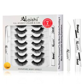 AILAISHI Fluffy False Eyelashes Kit With Bond, Seal and Tweezer, 7 Pairs Natural Look Fake Cat Eye Lashes Strips Thin Band Extensions Waterproof Easy Eyelashes for Beginners DF79