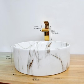White Bathroom Sink Artistic Ceramic Vessel Sink with Waterfall Faucet and Pop-Up Drain 16Inch Round Bathroom Sink Above Counter Modern Marbling Pattern Vessel Sink Bowl