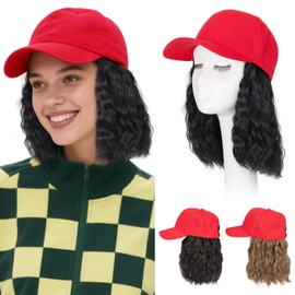 Hairro Hat with Hair Attached For Women Short Bob Adjustable Synthetic Baseball Cap Hair Extensions Chemo Wig 8" 190g #01 Black