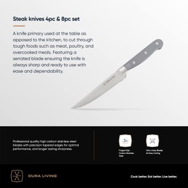DURA LIVING Premium 4-Piece Steak Knife Set – Sharp Serrated Blades, Forged High Carbon Stainless Steel, Full Tang, Ergonomic Handle, Elegant Gray Finish – Ideal for Dining & Entertaining