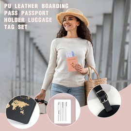 PLABBDPL 4 x Suitcase Tag and Passport Cover Set, Luggage Tag with Address Label for Luggage, Suitcase, Bag, Passport Holder for Credit Cards, ID and Travel Documents (Black + Pink)