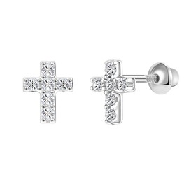 AoedeJ Sterling Silver Cubic Zirconia Cross Earrings For Women Cross Stud Earrings Flat Back Earrings Cross Earrings for Girls (Cross)