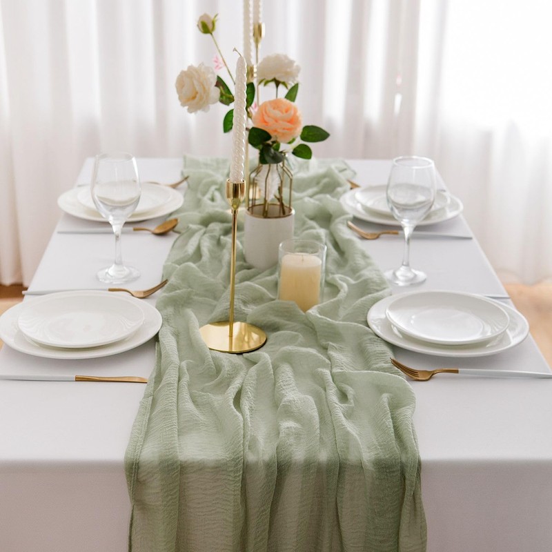 Aoksunova Cheesecloth Wedding Table Runner, Eucalyptus Green, Muslin, Chiffon, 400