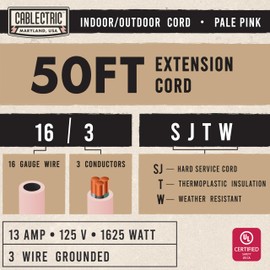 Cablectric Outdoor Extension Cord 50 ft - 16 Gauge 13 Amp Heavy Duty Power Extension Cords - SJTW - Great for Small Appliances, Outdoor Lights, Garden Supplies - Pink