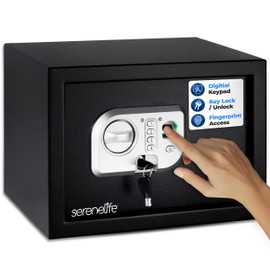 SereneLife Electronic Safe Box | Heavy Duty Money Safe | Digital Touch Pad Lockbox with Code and 2 Keys | Small Safe Box for Home or Office, Secure Cash, Jewelry, Firearms | 13.8’’ x 9.8” Black