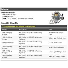 Carburetor - 2-Barrel - Compatible with 1987-1990 Jeep Wrangler 4.2L 6-Cylinder