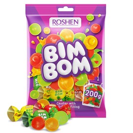 Roshen Bim Bom Hard Candy – Assorted Fruit & Berry Filled Candies, Individually Wrapped, 7.05 oz (200g), Pear, Pineapple, Strawberry, Tutti-Frutti – Kosher & Halal