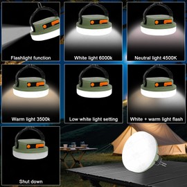 Outdoor Camping lamp Rechargeable lamp, Portable Lighting lamp. Equipped with 6 Brightness Settings, Tent lamp with Hook, Suitable for Power outages, Hiking, and Emergencies. (Army Green)