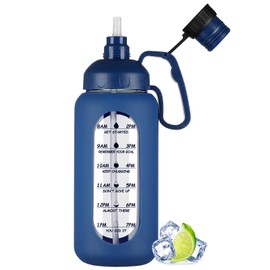 MUKOKO 64oz Glass Water Bottles with Straw, Half Gallon Water Jug with Time Marker, Sports Large Motivational Bottle with Silicone Sleeve, Klein