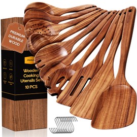 Wooden Spoons for Cooking, 10PCS Teak Wood Cookware Utensil Set with Hooks - Smooth Finish, Non-Stick, Comfortable Grip, Heat Resistant Kitchen Utensils