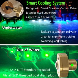 NBWDY 1/2in NPT Boat Drain Plug Light with APP Remote Control,4100LM IP68 Marine Boat LED Light,Boat Spotlight, Smart Cooling System Underwater for Fishing Diving(Green)