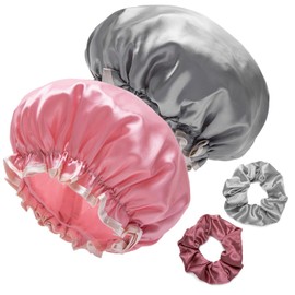 MOSOSA 2 Sets Reusable Shower Cap for Women, Double Waterproof Layers Shower Cap, Environmental Protection Hair Bath Caps for Women Men Kids,Grey/Dark pink