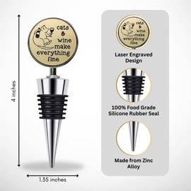 Cat Wine Stopper - Cats & Wine Make Everything Fine! 100% Food Grade Rubber Seal & Zinc Alloy, Laser Engraved in USA by a Small Business