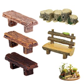 Miniature Accessories for Fairy Garden - Wooden Bench, Tree Trunk Bridge & Double Bench Set - 1:12 Scale - 4 Pieces - DIY Garden Decoration, Fairy Tale Figures Accessories, for Miniature Worlds & Dollhouses