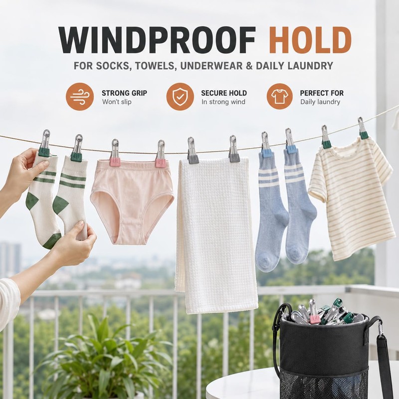 1PCS Peg Bag for Washing Line with Strap 64PCS Stainless