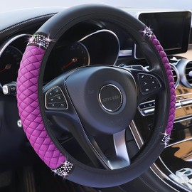 Bling Soft Leather Steering Wheel Cover 15 Inch with Sparkly Diamond Rhinestones for Women and Girls – Elastic Car Accessory for Most Cars (Purple)