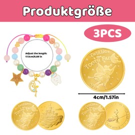 KRYMXAR Zahnfee Geschenke Mädchen, 3-teiliges Set mit Sternenelfen-Armband und Zaubermünzen, Geschenk zur Zahnfee für Mädchen