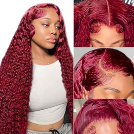 26 Inch 99J Lace Front Wig Human Hair 33 x 4 Deep Wave Human Hair Wig 180% Density 99J HD Lace Front Wig Burgundy Lace Front Wigs Human Hair Pre Plucked With Baby Hair For Women