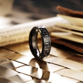 King Will GENTLEMAN 7MM Mens Wedding Ring Black Titanium Ring Black&Silver Carbon Fiber Inlay Promise Ring For Him Comfort Fit 8